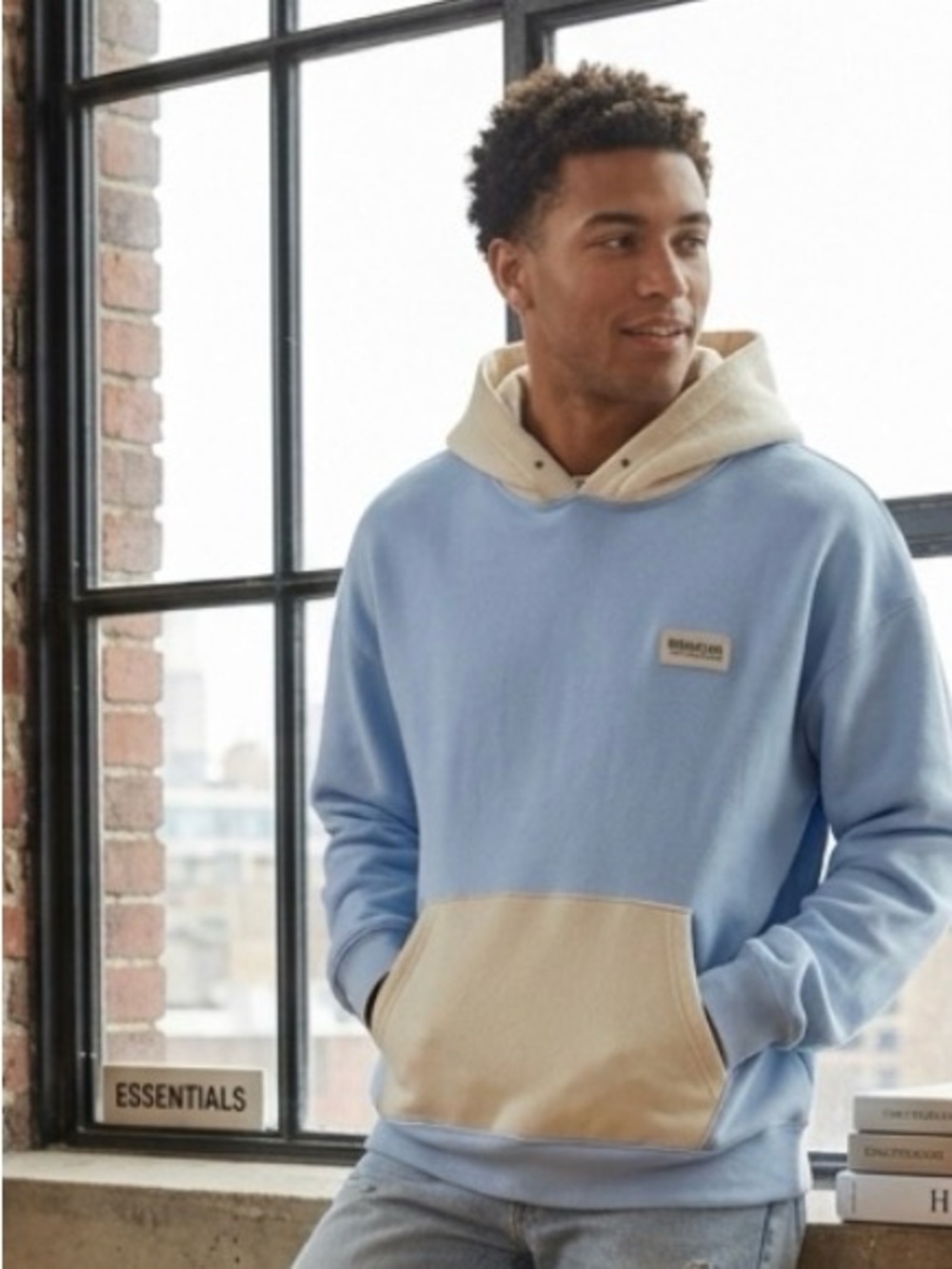 Essentials Women’s Two-Tone Light Blue & Cream Crewneck Hoodie Sweatshirt
